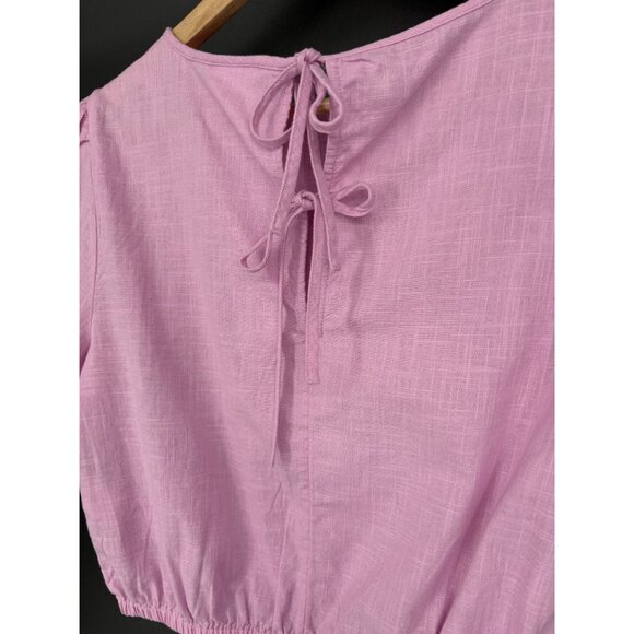 Women's Bohemian Puff Sleeve Crop Top XS Pink Tie Back Coquette Cottagecore - Picture 3 of 7
